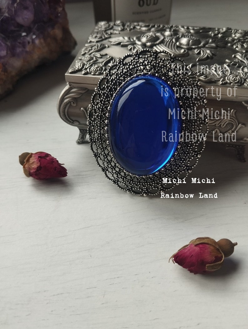 Silver Victorian Elegant Blue Brooch, Vampire Filigree, Wedding Oval Brooch, Halloween Pin, Men Gift, Badge, Costume, Dragon Blood, Romantic image 3