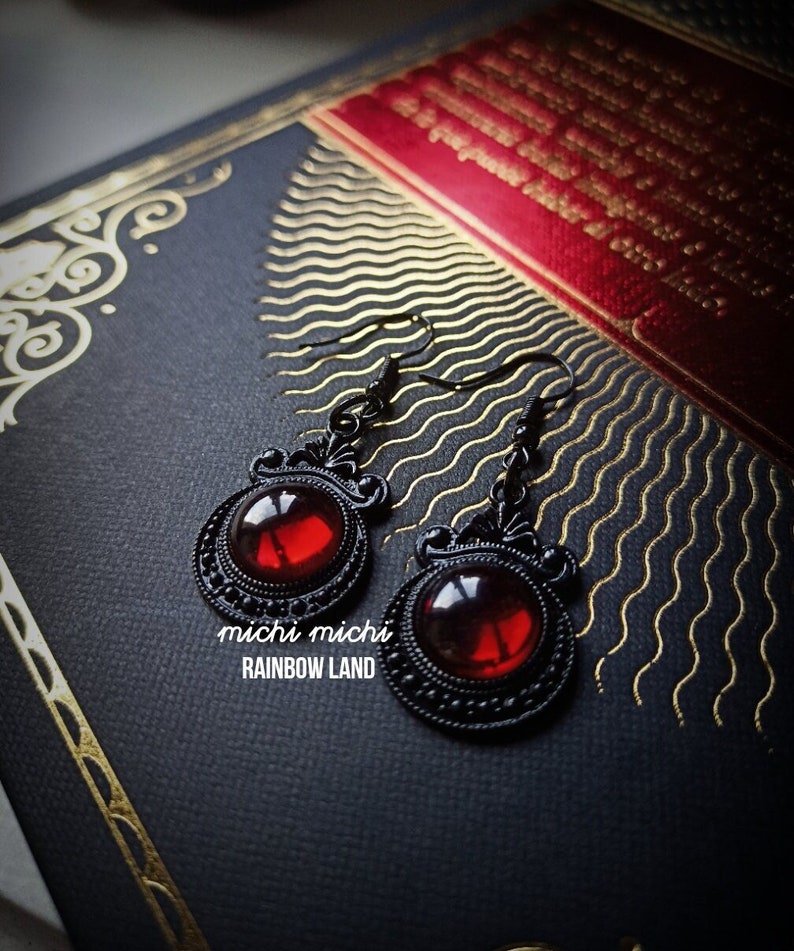 Lust Gothic Earrings, Vampire black jewelry, Dragon red gem cameo, Black filigree, Witch accessories, Celtic, Pagan, Halloween, Victorian image 1