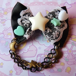 Black and Mint Pastel Cream Stars Bow Hair Clip, Kawaii accessories, Satin Bow, Cosplay Bow, Harajuku, Lolita, Kawaii hair clip, Cute decor