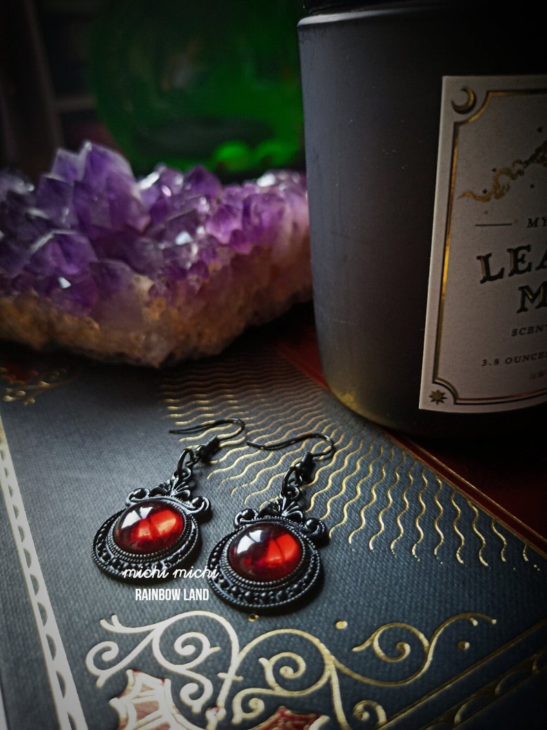 Lust Gothic Earrings, Vampire black jewelry, Dragon red gem cameo, Black filigree, Witch accessories, Celtic, Pagan, Halloween, Victorian image 2