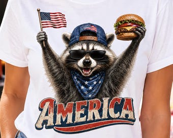 Vintage Waschbär PNG, USA Flagge Burger Grafik, Retro 4. Juli Tierdesign (Digitaler Download)