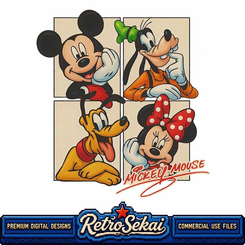 以下が含まれることがあります： ミッキーマウス、グーフィー、プルート、ミニーマウスが4つのパネルに描かれたデジタルイラスト。キャラクターはクラシックな色合いで表現されています。赤い筆記体でMICKEY MOUSEと書かれ、下部のバナーにはRetroSekaiと記されています。