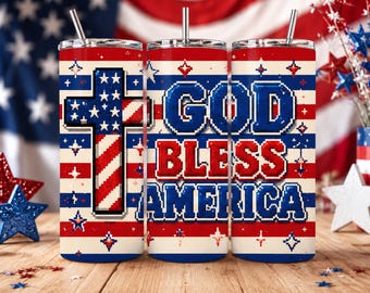 God Bless America Tumbler Wrap PNG, Retro Pixel Art Cross Flagge Design (digitaler Download)