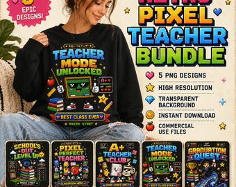 Retro Gaming Lehrer PNG Bundle, Zurück in der Schule Sublimationsentwürfe (digitaler Download)