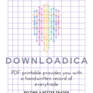 May include: A printable crypto trade journal with a colorful graphic design. The journal has columns for date, time, coin, quantity, cost per coin, total, time sold, per share sale price, total after hold, profit or loss amount, and total time.