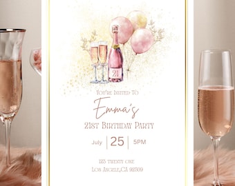 May include: A birthday party invitation with a gold border features a champagne bottle, glasses, and balloons. The invitation reads "You're Invited to Emma's 21st Birthday Party" with the date July 25th at 5 PM and an address.
