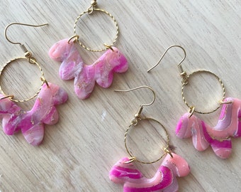 Hot Pink Scalloped Arch Dangles - Polymer Clay Earrings