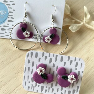 Purple Floral Mickey Circle Hoop Dangle or Studs - Polymer Clay Earrings