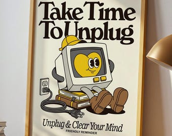 Herinneringsposter ontkoppelen, retro computermascotte muurkunst, digitale download mindfulness