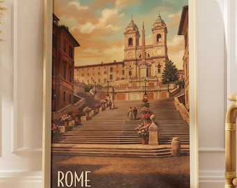 Rome Wall Art Print, Spanish Steps Illustration, Italy City Travel Poster, Vintage Architecture Decor, Digital Download
