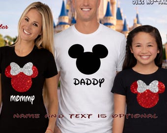Disney Family Shirts with Glitter Minnie Bow | Matching Disney Vacation Shirts | Mom Dad Kids Disney Outfit