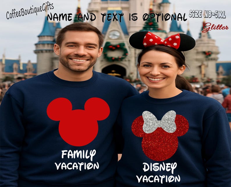 May include: Two navy blue sweatshirts with red Mickey Mouse and Minnie Mouse designs. One sweatshirt says "FAMILY VACATION" and the other says "DISNEY VACATION". The Minnie Mouse design has a silver glitter bow. The image is taken in front of a castle.