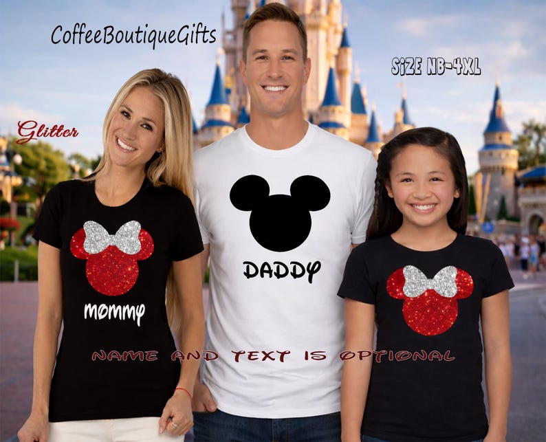 May include: Three people wearing matching t-shirts. The shirts feature a Mickey Mouse head design with the words "Mommy" and "Daddy" printed on them. The shirts are black and white with red and silver glitter accents. The text "NAME AND TEXT IS OPTIONAL" is also visible.