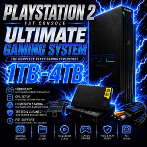 May include: A black PlayStation 2 fat console with a hard drive adapter, cables, and storage components. The text reads PLAYSTATION 2 FAT CONSOLE ULTIMATE GAMING SYSTEM THE COMPLETE RETRO GAMING EXPERIENCE 1TB-4TB, FHDB READY, OPL SETUP, HOMEBREW & MEDIA, TESTED & CLEANED, PS1 SUPPORT.