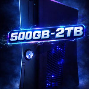 May include: A dark blue game console with the text "500GB-2TB" in a glowing blue banner. The console has a disc drive, power button, and ventilation slots. The background is dark blue with lightning effects.