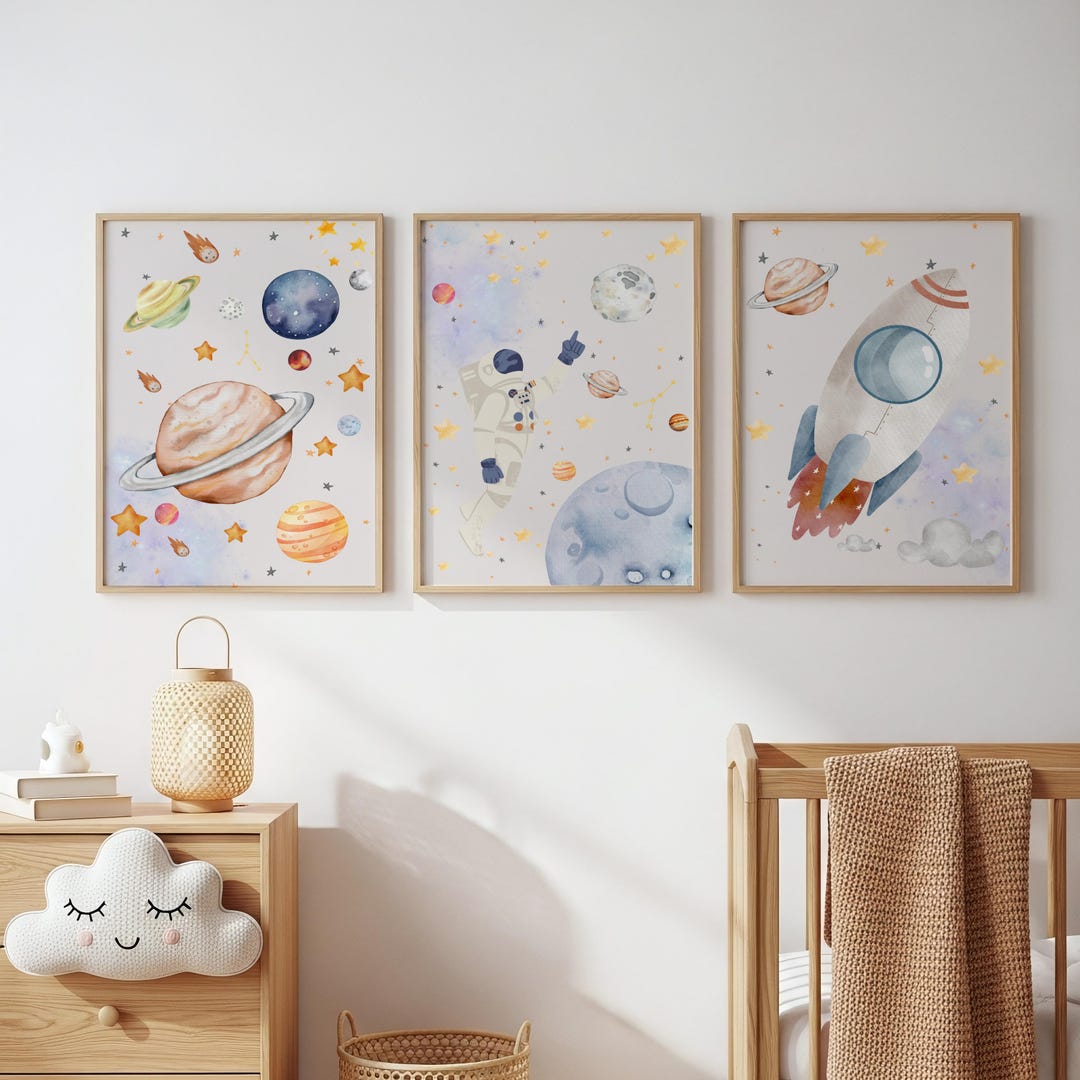Space Nursery Wall Art Set of 3, Baby Boy Room Decor, Astronaut Rocket ...