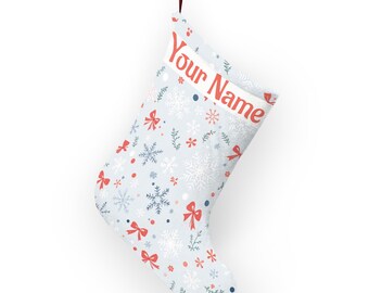 Medias navideñas personalizadas con copos de nieve y lazo / Medias con nombre bordado