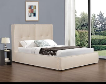 Barney Fabric Bed Frame White with Gold Stripe Detail