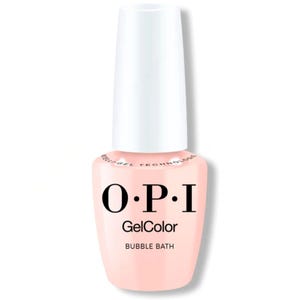 May include: A bottle of OPI GelColor nail polish in the shade "Bubble Bath." The bottle is a soft pink color with a white cap. The OPI logo and product name are printed in black.
