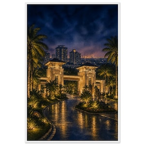 May include: An artistic print of a nighttime cityscape featuring a grand entrance with illuminated pillars and a bridge. Palm trees frame the entrance, and the reflection of lights shimmers on the wet road. The background shows city lights under a dark blue sky.