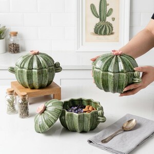 Cactus Ceramic Bowl with Lid, 30.4 oz Porcelain Pot, Succulent Kitchen Decor, Housewarming Gift, Plant Lover Gift, Cooking Lover Gift