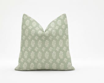 Pale Green Indoor Outdoor Designer Pillow – Peter Dunham Asha –  16x16 Floral Outdoor Cushion
