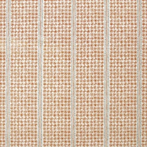 May include: A fabric with a repeating pattern of small, star-like shapes in a warm brown color, arranged in a grid. Vertical stripes of white and blue dotted lines separate the grid patterns, creating a textured look.