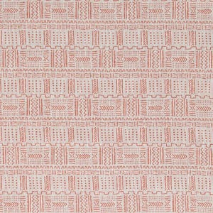 May include: Close-up of a fabric with a repeating pattern in terracotta red on a cream background. The design features geometric shapes, including lines, dots, and arrows, arranged in horizontal bands.