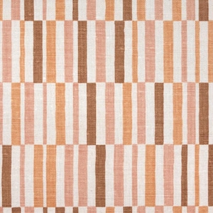 May include: Textile with a repeating pattern of vertical stripes in shades of brown, peach, pink, and white. The stripes are arranged in a grid-like design, creating a geometric and modern aesthetic. The fabric appears to be woven, with a slightly textured surface.