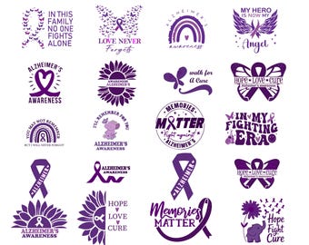 May include: A collection of purple and white SVG and PDF files with various designs related to Alzheimer's awareness. Designs include ribbons, flowers, butterflies, and text such as "Love Never Forgets" and "Memories Matter."