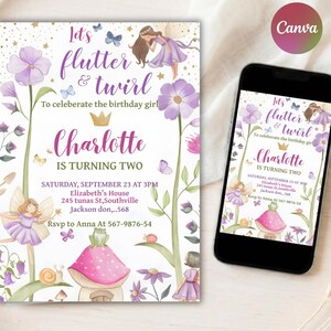 Spring Fairy Birthday Invitation, Flutter Twirl Party, Floral Bow Girl (Canva Template)