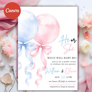 Gender Reveal Invitation | Pink Blue Balloons He or She Party (Digital Download)
