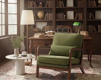 Mid Century Style Wooden Accent Chair with Arms and Cushion