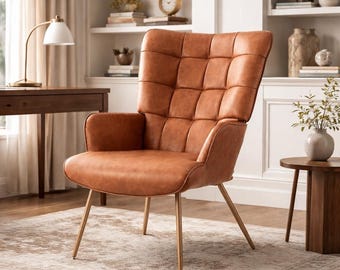 Leather Accent Chair Tufted Wingback Armchair High Back Comfortable Seating