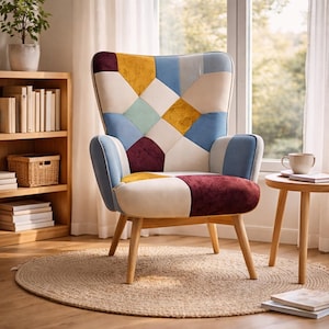 Bohemian Patchwork Accent Chair Upholstered Armchair Modern Reading Chair Wood Legs