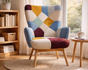 Bohemian Patchwork Accent Chair Upholstered Armchair Modern Reading Chair Wood Legs