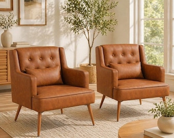 Mid Century Accent Chair PU Leather Armchair Reading Chair Lumbar Pillow Wood Legs