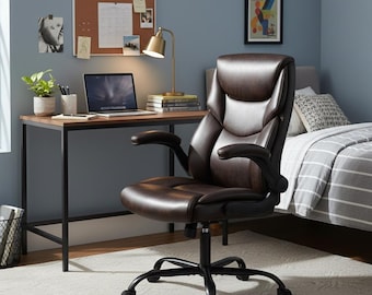 PU Leather Swivel Chair with Padded Armrests and Lumbar Support