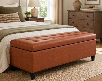 Leather Storage Ottoman Bench Tufted End of Bed Bench Bedroom Living Room Seating