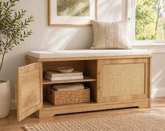 Rattan Shoe Storage Bench Entryway Bench Cushion Seat Cabinet Adjustable Shelf Hidden Organizer