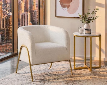 Boucle Fabric Accent Chair, Modern Barrel Armchair with Gold Legs