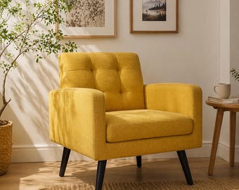 Mid Century Accent Chair PU Leather Tufted Armchair Modern Upholstered Living Room Seating