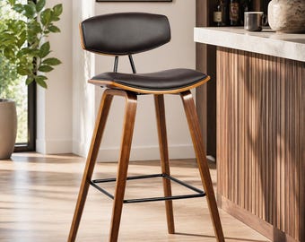 Mid Century Bar Stool Set of 2 Leather Counter Height Stool Wood Legs