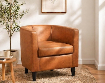 Leather Accent Chair Upholstered Barrel Armchair Modern Comfortable Seating