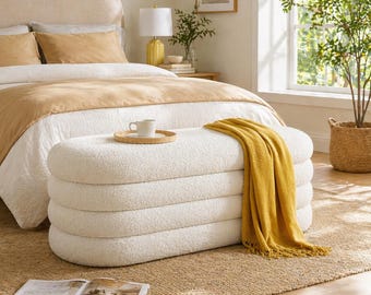 Upholstered Storage Ottoman Bench Oval End of Bed Bench Bedroom Living Room Large Seating
