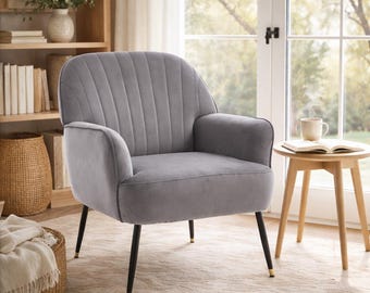 Velvet Accent Chair Tufted Upholstered Armchair Modern Living Room Bedroom Chair Metal Legs
