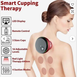 May include: A Smart Cupping Therapy device with a red and black circular body attached to a back. Features include an LED display, remote control, 3 sizes of cups, 16 adjustable levels, red light therapy at 640nm, and 4 suction modes listed in text.