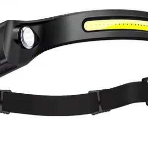 May include: Black LED headlamp with a bright white spotlight and a yellow LED strip. The headlamp has a black adjustable strap and a control panel with power and sensor indicators. The headlamp is designed for hands-free illumination.