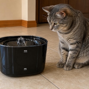 May include: A black, oval-shaped pet water fountain with a clear plastic top component. The front of the fountain features white text labels reading MAX and MIN to indicate water levels. A grey tabby cat sits beside the fountain.