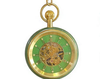 Vintage Canadian Jade Pocket Watch | Green Stone Dial | Gold Tone Chain & Waterproof